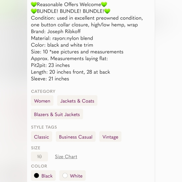 LIKE NEW WITH TAG Joseph Ribkoff Asymmetrical Black White Trim, Wrap Jacket Cape - Picture 12 of 14